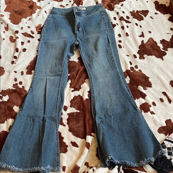 Rock & Roll Cowgirl Distressed Blue Flare Jeans - Picture 1 of 5
